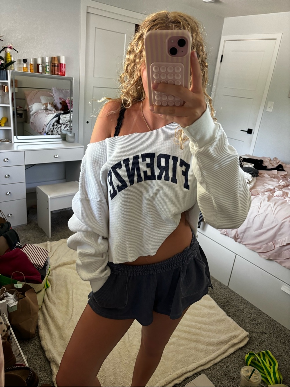 Brandy Melville White Cropped 'Firenze' Off-Shoulder Sweatshirt